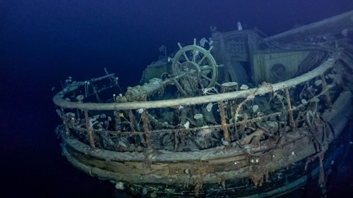 Taffrail and ship's wheel, aft well deck. Credit: Falklands Maritime Heritage Trust