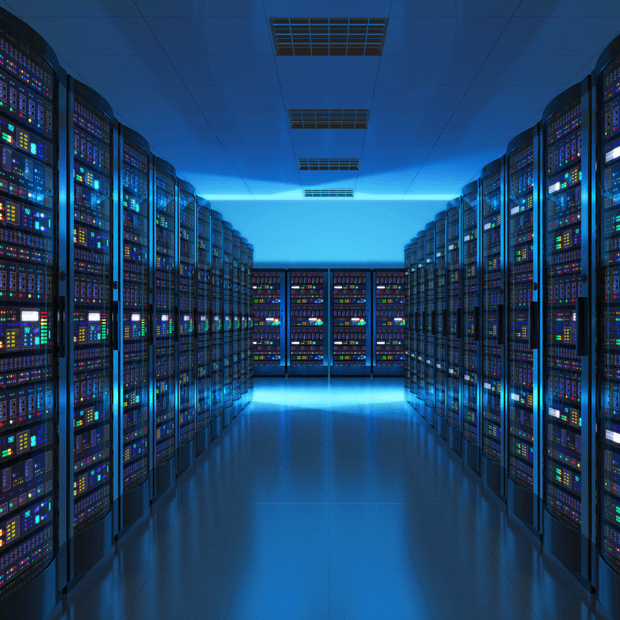 A long row of servers neatly arranged in a modern data center, showcasing advanced technology and efficient design.